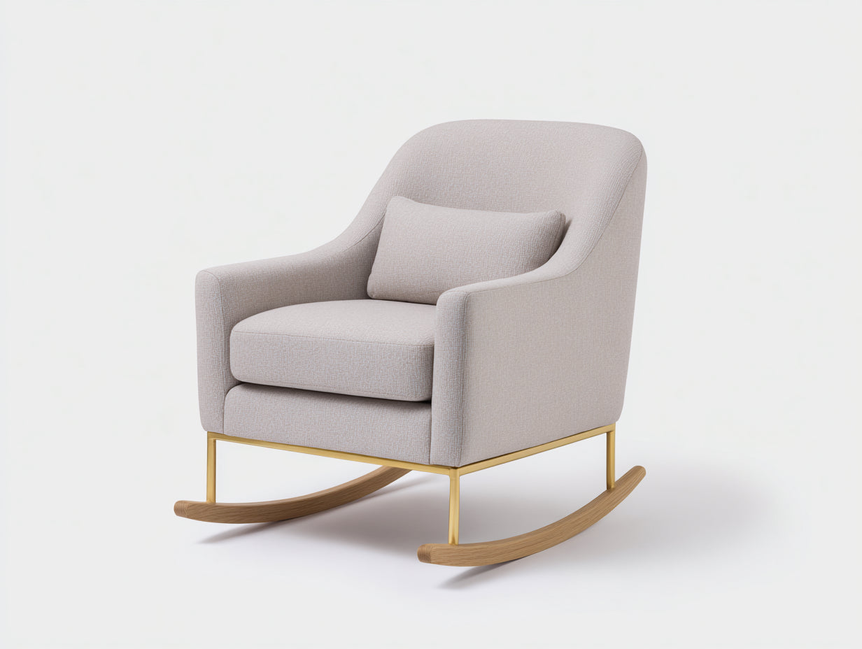 Mecedoras de tejido tapizado 76x86x88 cm color beige claro dorado y madera natural para salón - base de balanceo - diseño moderno