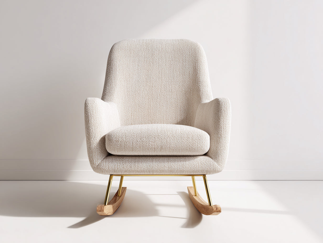 Mecedoras de tejido bouclé 74x86x91 cm color blanco crema dorado y madera natural para salón - base de balanceo - diseño moderno