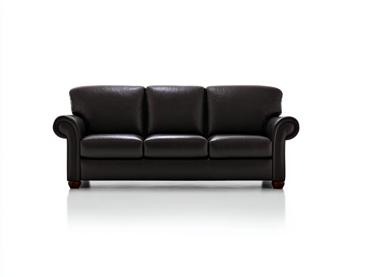 Sofás 3 plazas tapizado efecto piel 210x88x85 cm - negro y marrón oscuro - brazos enrollados estilo clásico