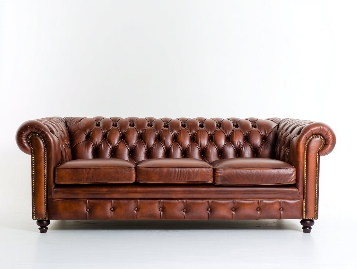 Sofás 3 plazas de piel sintética 230x90x78 cm - Marrón cuero - Estilo clásico capitoné para salón