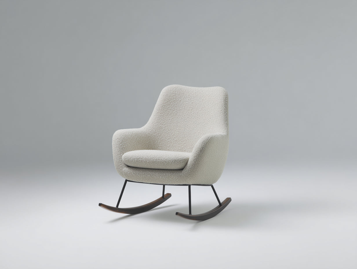 Mecedoras de tejido bouclé 76x88x90 cm color blanco crema negro y madera oscura para salón - base de balanceo - diseño moderno