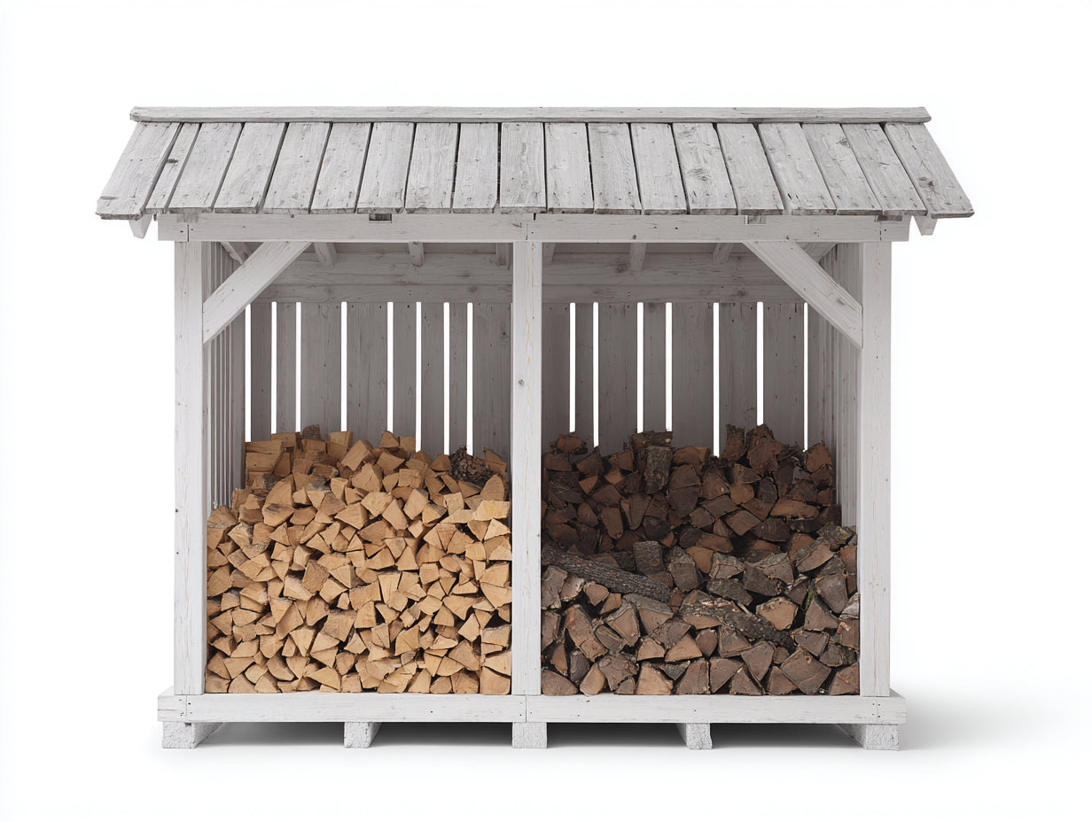 Leñero de exterior de madera 240x85x185 cm - Blanco-Gris - Doble compartimento