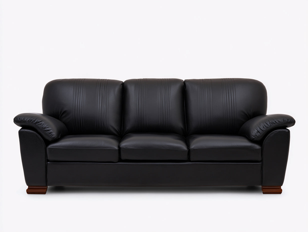 Sofás 3 plazas de cuero sintético 215x88x86 cm color negro para salón - patas de madera - estilo clásico