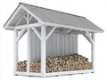 Leñero de exterior de madera 300x100x230 cm color blanco y gris para jardín - techo a dos aguas - estructura abierta