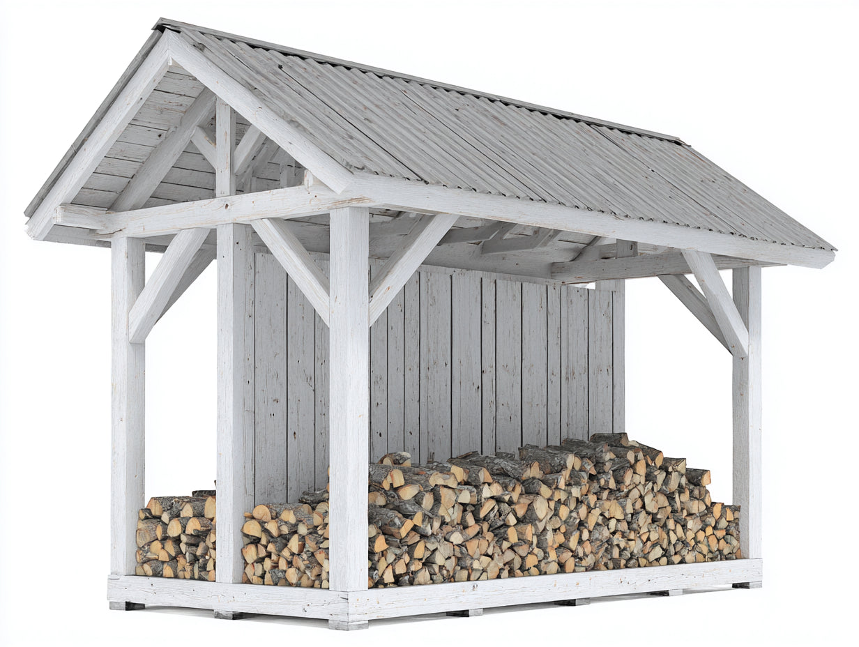 Leñero de exterior de madera 300x100x230 cm color blanco y gris para jardín - techo a dos aguas - estructura abierta
