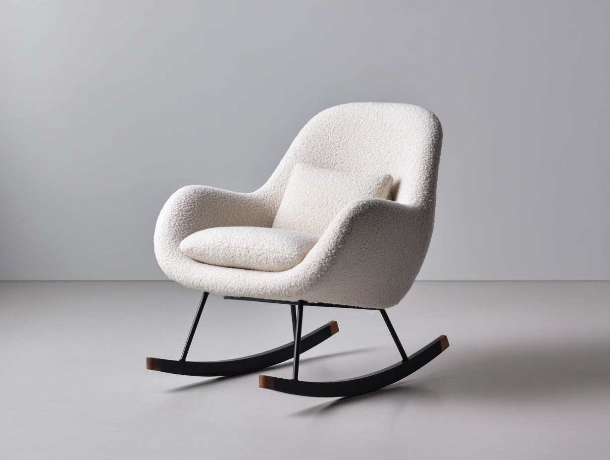 Mecedoras tapizadas en tejido borreguito 78x86x88 cm - Blanco crema-Negro-Madera natural - Estilo moderno para salón