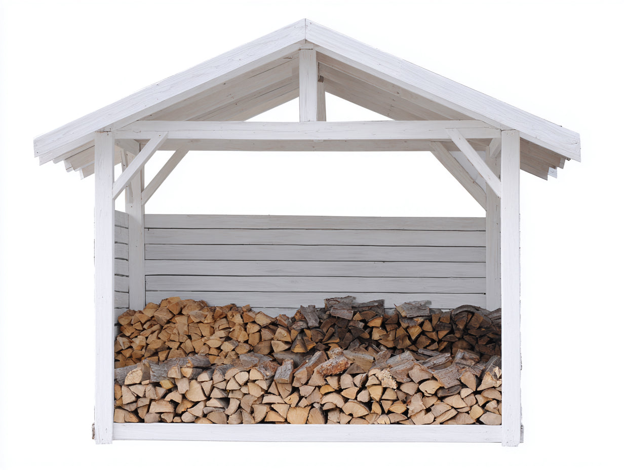 Leñero de exterior de madera 360x180x230 cm - blanco - estructura abierta con techo a dos aguas