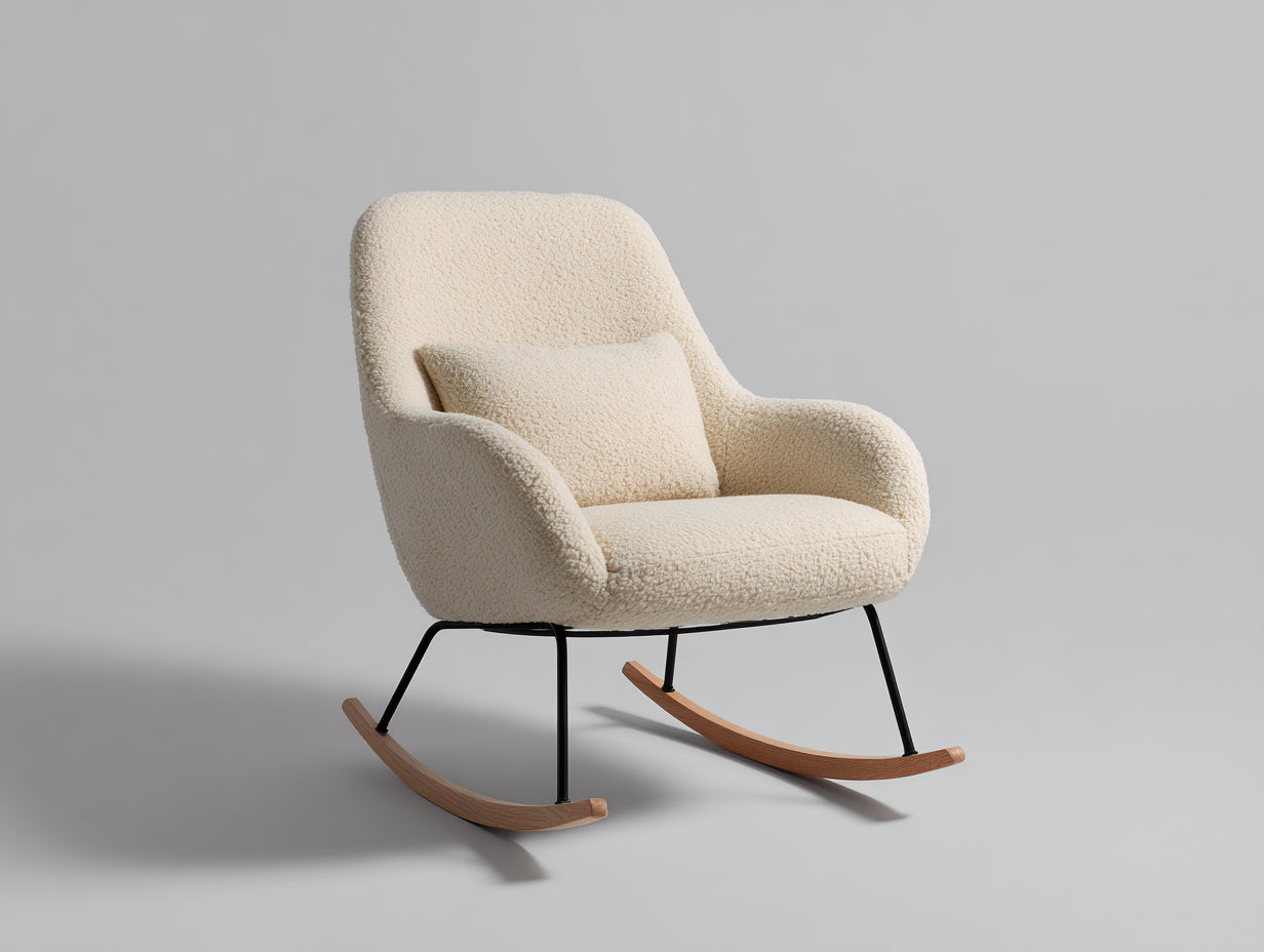 Mecedoras de tela borreguito 78x90x88 cm - crema y madera natural - base balancín para salón
