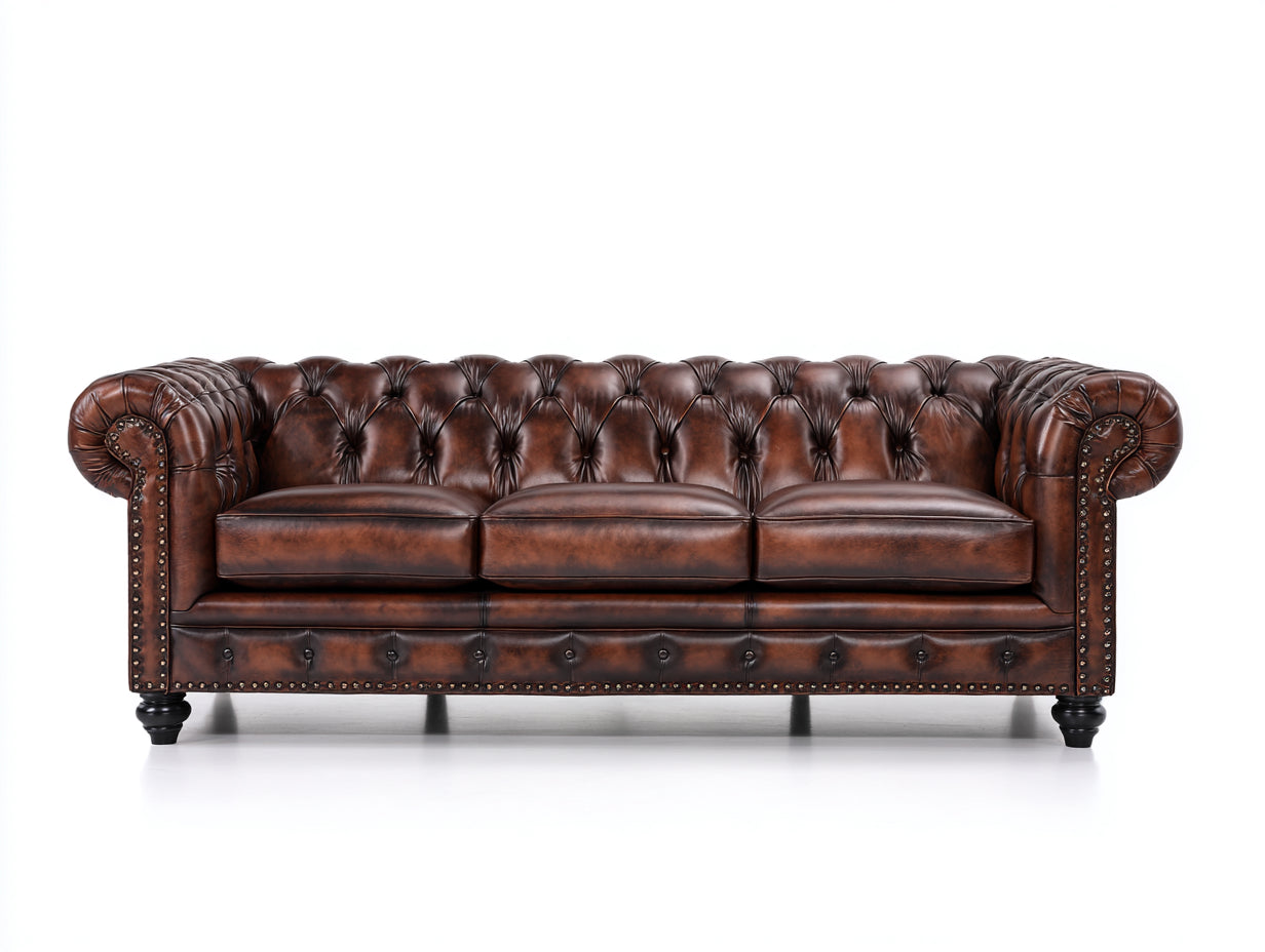 Sofás 3 plazas tapizado efecto piel 230x95x78 cm - marrón oscuro y negro - capitoné estilo Chesterfield