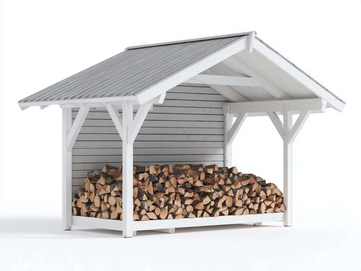 Leñero de exterior de madera 240x90x190 cm - Blanco-Gris-Madera natural - Estilo rústico con techo para jardín