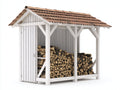 Leñero de exterior de madera 240x90x220 cm color blanco y terracota para jardín - cubierta amplia - diseño con compartimento lateral