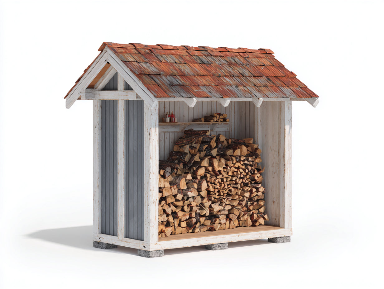 Leñero de exterior de madera 300x160x220 cm - blanco gris y terracota - techo a dos aguas
