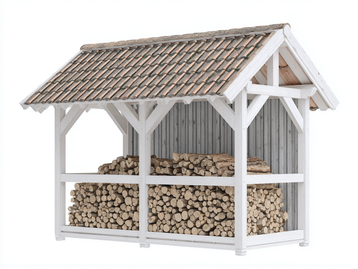 Leñero de exterior de madera 240x90x190 cm - blanco gris y madera natural - para jardín con tejado a dos aguas