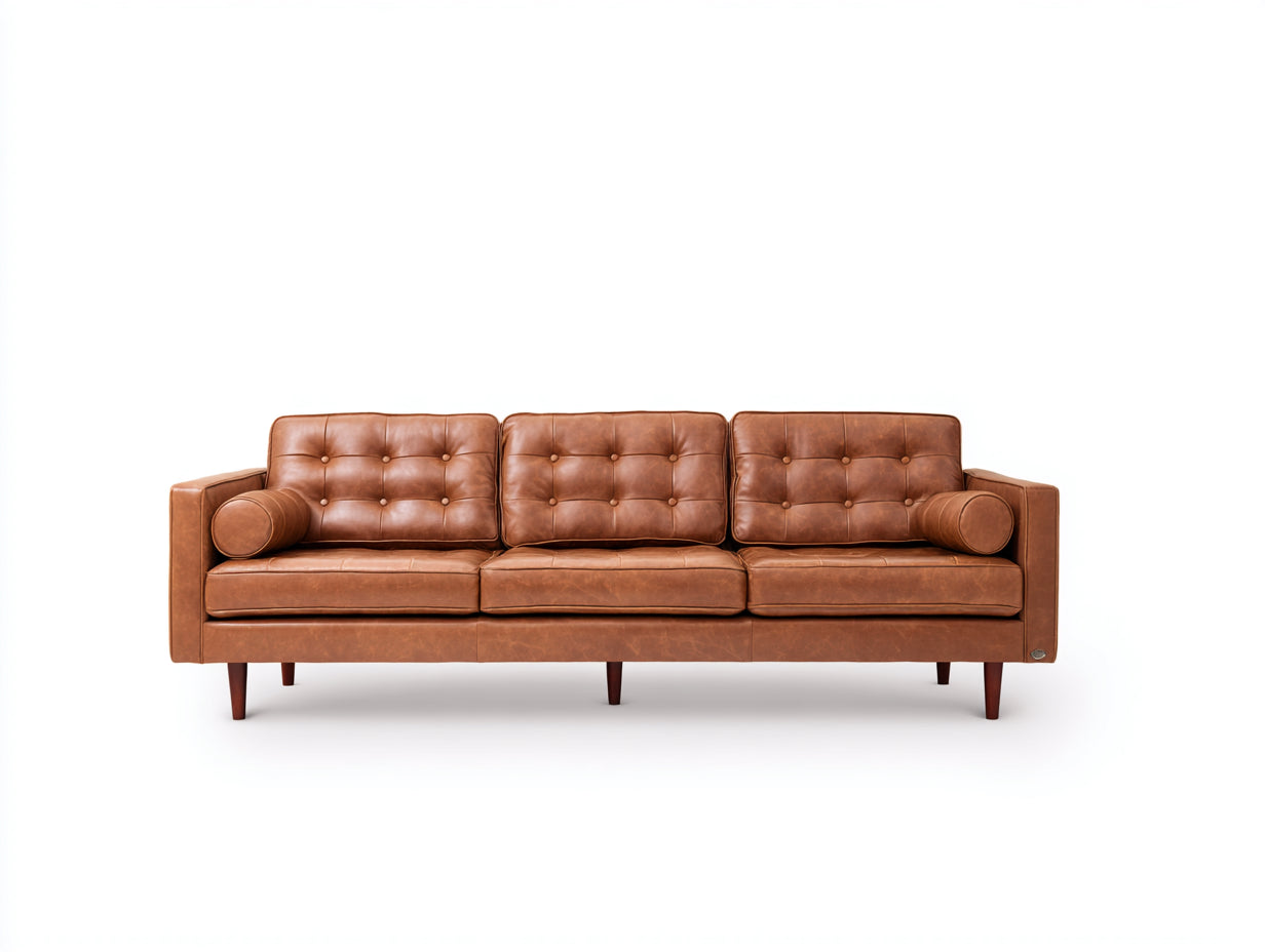 Sofás 3 plazas de piel sintética 210x85x82 cm - Marrón cuero - Estilo retro para salón